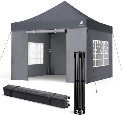 VOUNOT® Gazebo Pieghevole 3x3m Rinforzato, 4 Pareti Laterali e Finestre, Gazebo da Giardino con Borsa da Trasporto con Ruote e Sacchi di Sabbia, Tenda per Esterno, Campeggio ed Eventi, Grigio
