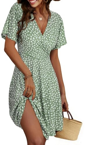 Cicy Bell Dam blommig sommarklänning A-linje mididress med v-ringad omlott kortärmad ledig strand festklänningar