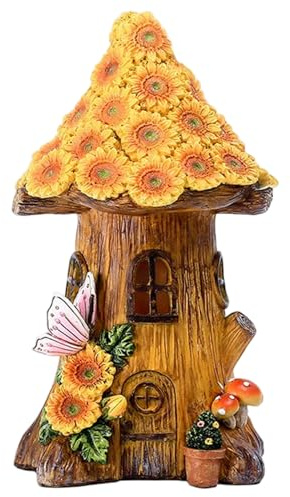 Joygoodta Lampes solaires en Forme de Champignon 8, 5 x 4, 5 Pouces, Maison de fée en résine avec Tournesol et Papillon, Statues Jardin solaires résistantes aux intempéries pour Patio, Cour, pelouse