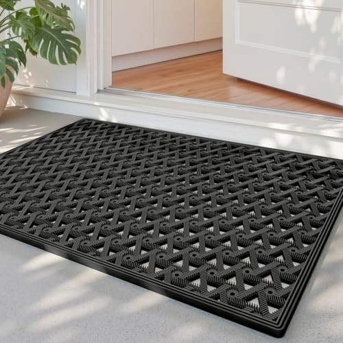 DEXI Felpudo Exterior 48.5 x 75 cm, Alfombra Entrada Casa Antideslizante con Orificios de Drenaje, Felpudos Impermeable y Resistente para Puerta Principal, Terraza y Balcón, Negro