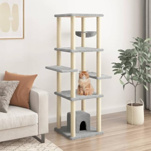 Tiragraffi con colonna in sisal, grigio chiaro, 154 cm, torre per gatti, con cestello e superfici di appoggio, in peluche, per gatti, istinto di graffio, arrampicata, relax