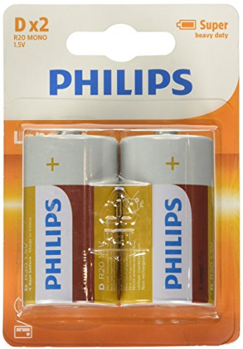 PHILIPS AUDIO LongLife - Pila R20 D, pack 2-blister, colores aleatorios, blanco, verde
