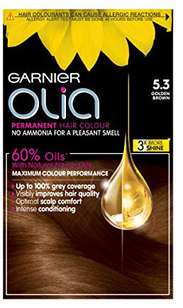 Garnier Olia Permanent Hair Dye, Up to 100% Grey Hair Coverage, No Ammonia, 60% Oils, 5.3 Golden Brown