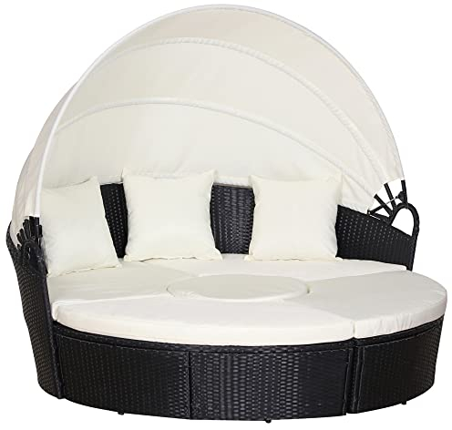 Outsunny Rattan Sonneninsel, Loungegruppe mit Sonnendach, Sitzgruppe, Kissen und Beistelltisch, Metall, Creme, 180 x 175 x 147 cm