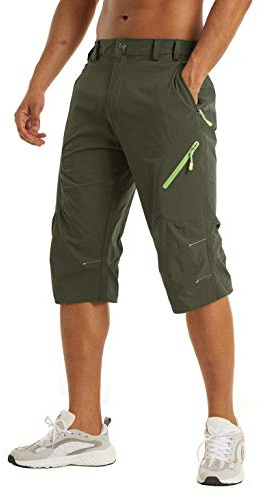 KEFITEVD Herrshorts, under knät, snabbtorkande, 3/4, vandring, långa promenadshorts, sommar, tunna capribyxor med 4 fickor med dragkedja, Armégrönt, 48 SE