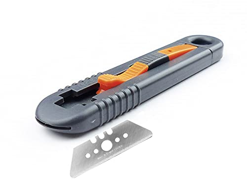 LEGE 2: Cuchillo profesional de seguridad Mure & Peyrot, multiusos, de hoja grande retráctil (65 mm) + bloqueo posible en reposo. Para diestros y zurdos. Hoja de acero con puntas redondas, reversible.