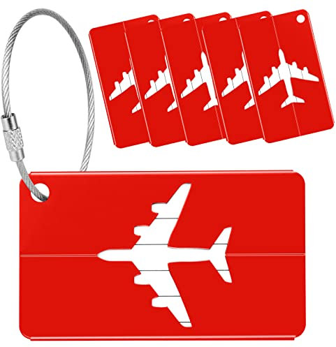 Yizhet Etichette per Valigie Aereo, 6 Pezzi Etichette per Bagagli Alluminio con Anelli in Acciaio Etichette Viaggio Bagaglio Identificatore Valigia, Bagagli Tag, Targhetta (Rosso)