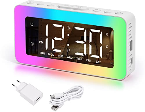 SZELAM Digitaler Wecker,RGB-Farbiger Wecker für Schlafzimmer,Doppelalarm mit Tag/Wochentagen/Wochenende,USB-Ladeanschluss,Snooze,Extra Laut,Dimmbare Spiegeluhren für Kinder,Jungen,Mädchen,Teenager