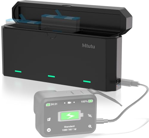 Mtutu Akku Ladegerät für GoPro Hero 9/10/11/12 Black 3-Kanal Batterie Ladegerät Mit Speicher Ladefunktion Entladungsfunktion & Typ-C Datenkabel Kompatibel zum GoPro Hero 9 10 11 12 Black Original Akku