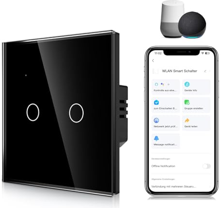 CNBINGO Interruttore della luce intelligente, interruttore touch WLAN funziona con Alexa, multifunzione APP, interruttore da parete in vetro, senza conduttore neutro richiesto