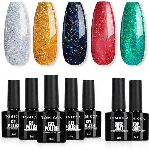 TOMICCA Vernis Semi Permanent, 5 Couleurs Vernis à Ongles Avec Base Coat &Top Coat No Wipe, Pailleté Vert Rouge Gold Noir Argent Gel UV Semi Permanent Soak Off Nail Art Kit, 7 x 8ml