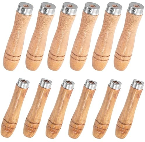12Pcs Wood File Handles, 6Pcs Large Wood Handle for 10-12 File and 6Pcs Medium Wood Handle for 6-8 File, Screwdriver Hand Drill File Handle with Metal Collars, Round Hole Small Wooden Handle