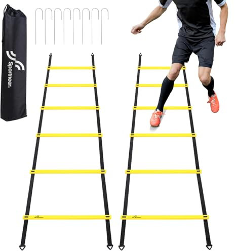 Sportneer Koordinationsleiter Set: Verstellbare Koordinationsleiter für Fussballtraining, Fußball Trainingszubehör mit Bodenanker & Tragetasche, fußball trainingsset für Kinder, Geschenk (Gelb)
