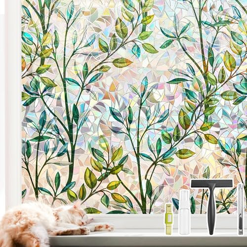 NINETREX Lámina para Ventanas con Efecto Arco Iris UV, Película de privacidad para el hogar, Vinilo Translúcido,Vinilo Adhesivo Cristal,Home Studio, Dormitorio, Cocina, Uso Decorativo-90x400cm,Verde