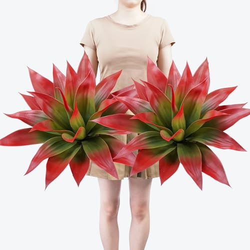 Ttranewsoo 2-Pack Artificial Agave Plants Outdoor, 22-Inch Red Fake Plants for Planters, UV Resistant Faux Succulent Decor for Porch Patio Garden and Fall