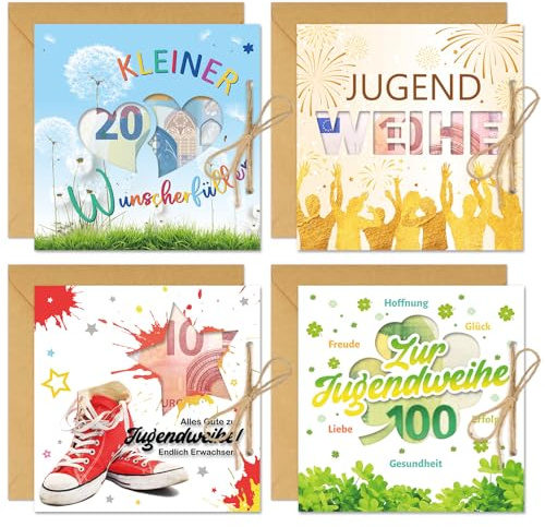 DPKOW Ungdomshorn sedelgåva förpackning, ungdomshorn gåvor för pojkar flickor, 4 st konfirmation kort vykort sedelkort ungdom önskefuller pengar gåva, gratulationskort ungdomshäst