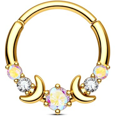 CM Crareesi Mania Piercing septum daith Helix Phase de lune en acier inoxydable 316L argent doré boucles d'oreilles créoles avec cristal AB transparent pour homme et femme, 10 mm, Zircone cubique