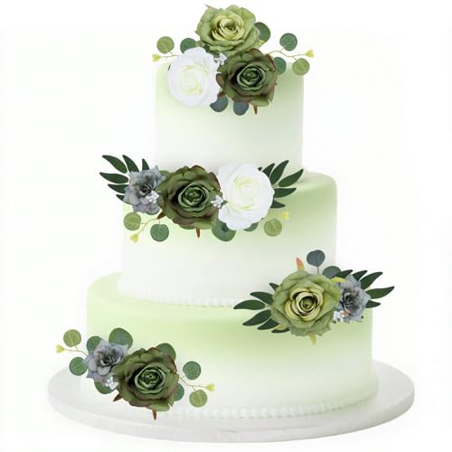 CORNER LACE 31Pcs Flowers Cake Decorations Green, Wedding Artificial Flowers Leaves Cake Toppers Birthday Anniversary Baby Shower Gender Reveal Bridal Shower Party Supplies DIY Floral Decor