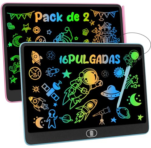 2 Pack 16 Pulgadas Tableta de Escritura LCD, Infantil Tableta de Graffiti de Colores para Niños 3-12 Años, con Borrable y Bloqueo Función, Reutilizable, Juguete Educativo Halloween Navidad (Azul+Rosa)
