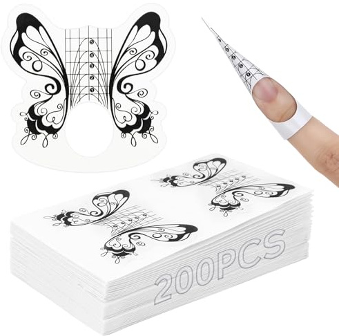 200 Pièces Chablon pour Ongle Gel Construction, Papillon Noir Chablon Ongles, Foil Ongle Nail Art, Reutilisable Pochoir Ongles pour Extensions d'ongles en Gel