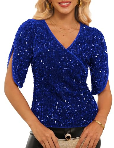 GRACE KARIN Women's Sparkly Tops Half Sleeve V-Neck Sequin Party Blouses Velvet Tops for Christmas Going Out Night Blue L