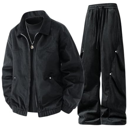 Genérico Chandal Hombre Completo, Conjunto Deportivo Hombre, Chaqueta De Cuero De Gamuza para Hombre Abrigo Informal Retro Conjunto Ajustado para Primavera Otoño E Invierno Uso Diario (Black XL)