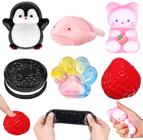 6Pcs Taba Squishy Set,Strawberry Squishy Fidget Toys for Kids Adults,Fufu Squishy Squeeze Toy Squishes Kit,Cookie Squishy Penguin Squishy Cat Paw SquishyToys for Anxiety Relief Home Office Desk Decor