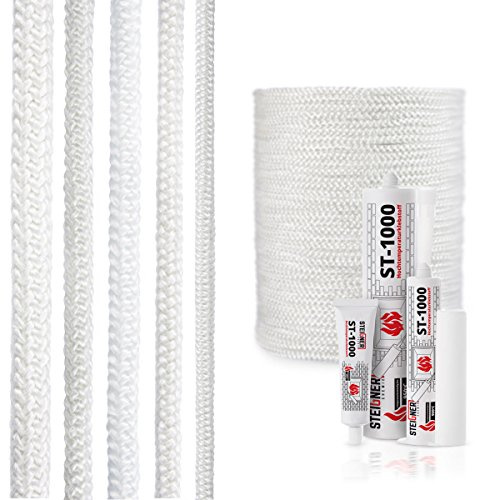 STEIGNER Cordone Isolante in Fibra di Vetro SKD02-12, Bianco con sigillante adesivo per montaggio termico resistente alla temperatura fino a 550°C 4 m, 12 mm