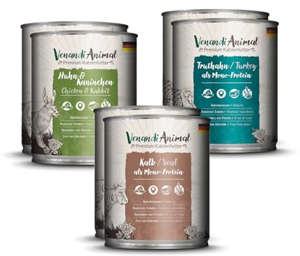 Venandi Animal Premium Comida húmeda para Gatos, Pack de Prueba II, Pollo + Conejo, Ternera, Pavo, 6 x 800 g, sin Cereales y Natural, 4.8 kg