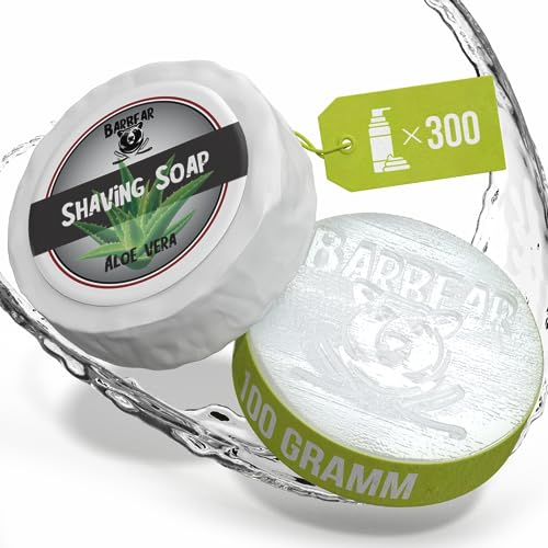 Barbear | Rasierseife de Luxe | 100g Jumbo Size | Vegane Rasiercreme-Alternative | Handgefertigt in Seifenmanufaktur | Power Formel für dichten Rasierschaum (Aloe Vera)