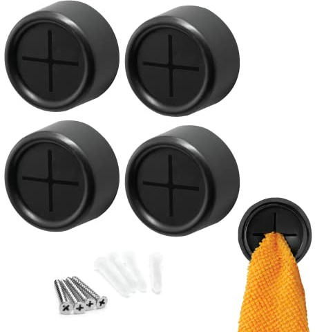 S&T INC. Round Adhesive Push Towel Hooks for Kitchen, Hand and Dish Towels, Matte Black, 4 Pack