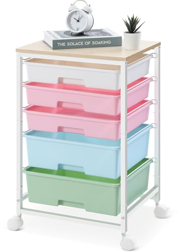 SYKIARIOL 5-Drawer Storage Trolley Rolling Cart, Multicolor | Mobile Rolling Cart, Plastic Drawers, Multipurpose, for School/Bedroom/Craft Room/Living Room