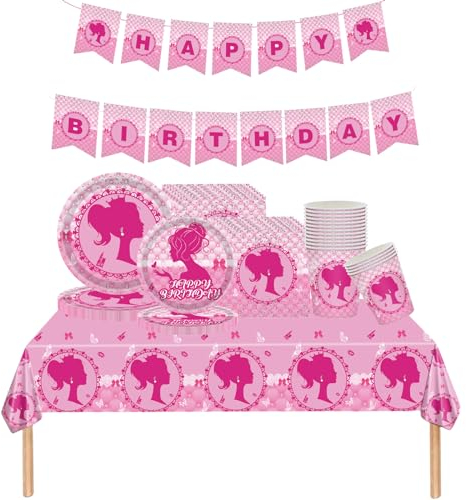 Hotpink Girls Party Tableware Set, 70pc Pink Princess Theme Napkins, Plates, Cups, Tablecloth and Banner Set for Girls Birthday, Baby Shower, Wedding, Barbie Theme Party Decorations