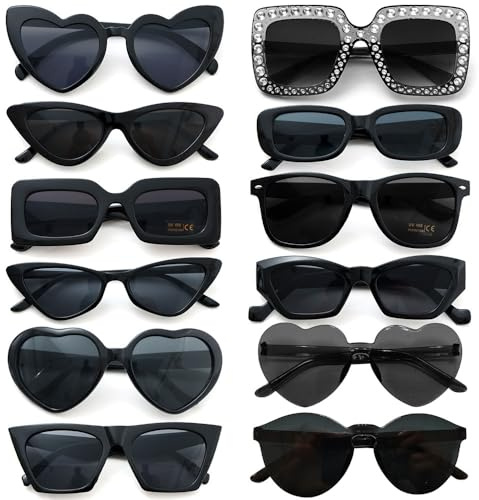 Dwenarry Lot de Lunettes de Soleil Noir Lunette de Fête pour Hommes Et Femmes Vintage Hippie Années 90 Party Lunettes Plastique Mode pour Carnaval 12 Pièces