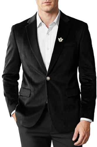 WYWK Men's Casual Velvet Blazer for Men one-Button Lapel Tuxedo Jacket with Brooch Dinner Party Wedding Prom Black