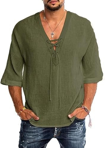 Runcati Camicia in lino, da uomo, a maniche corte, estiva, da uomo, per il tempo libero, con scollo a V, vestibilità larga, vintage, medievale, verde, XL