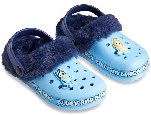 BlueY Zoccoli Bambina, Fodera in Pile Invernale e Accenti Decorativi, Slip On Ciabatte Bambino con Cinturino, Regalo Bambini (Blu Fodera Rimovibile, 27 EU)