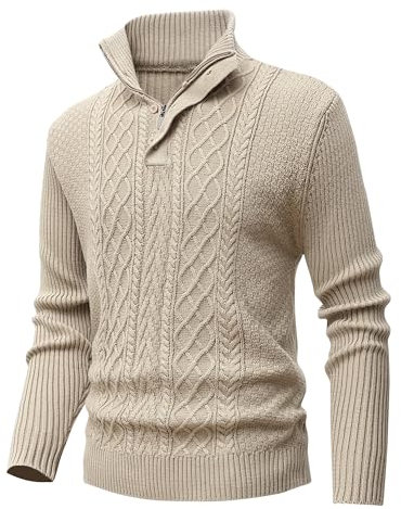 MeiLayM Herren Pullover Reißverschluss Stehkragen Strickpullover Feinstrick Sweatshirt Winterpullover Sweatjacke Pullover Half Zip Warme Weiche Pullover Khaki,M