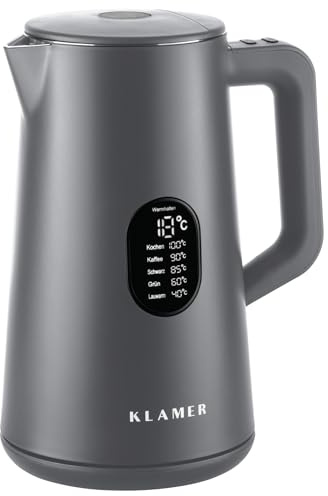 KLAMER Edelstahl Wasserkocher mit Temperatureinstellung 40-100°C, Warmhaltefunktion, mattgraues Kaltgehäuse, doppelwandiger 1,5L Teekocher mit 1800W, BPA-frei
