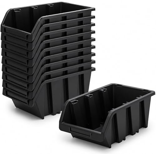 PECZEKO Coffret d'atelier empilable, boîte de rangement en plastique PP, avec vue, pour mur d'outils, boîte de tri - Noir