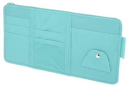 INFINAUTO Car Sun Visor Organizer, Auto Visor Storage Pouch with Zipper W/Elastic Slot with Sunglasses Holder for Cards License Pen PU Leather Light Blue