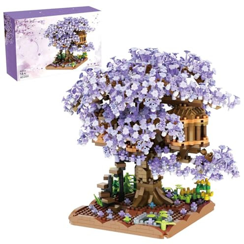 Casa de la Flor de Cerezo Casa de plástico Bonsai Bonsai Ensamblado Lindo árbol de Flores DIY Mini Bloques de construcción para Adultos, más de 14 Adolescentes (sin luz) Morado