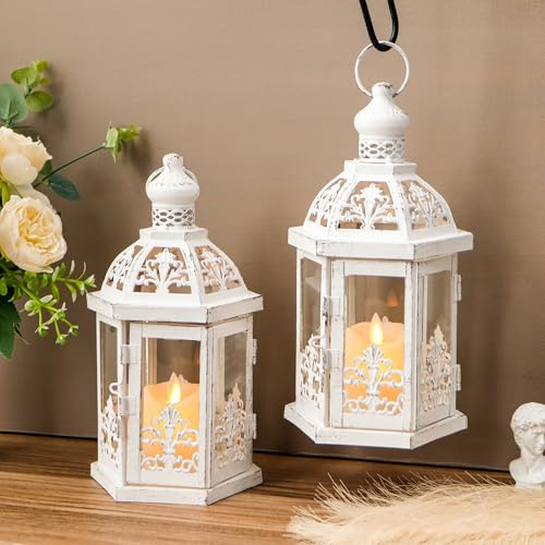 TRIROCKS Set of 2 Vintage Decorative Lanterns 9.5 H Hanging Lantern Metal Candleholder with Tempered Glass for Indoor Outdoor Home Decor Parties Garden Events Wedding(White with Grey Brush)