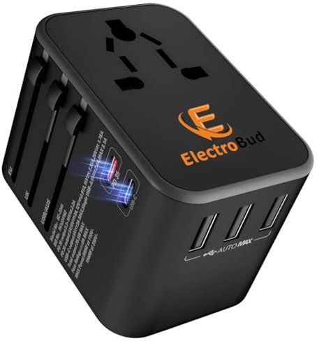 ElectroBud 6 in 1 International Travel Adapter, with Universal Adapter Plug Socket, 2 x USB-C Ports & 3 x USB-A – US, UK, Europe Worldwide Travel Adapter