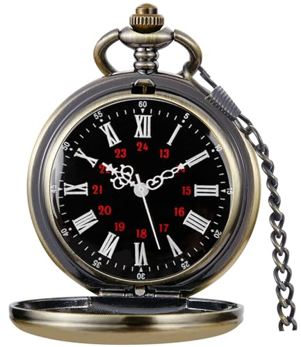 Tiong Orologio da tasca vintage in acciaio liscio, numeri romani, design stellato, orologio da tasca al quarzo, con catena, per uomo e donna, 54-bronzo, Classico
