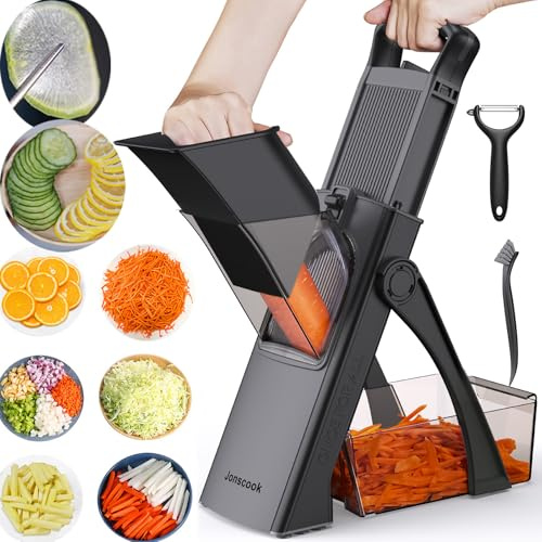 Mandolina Jonscook Todo en 1, Actualizada y Segura, para Cocina, Picadora, Cortadora de Verduras con Tazón Grande, Grosor Ajustable, Mandoline Plus (Black Knight)