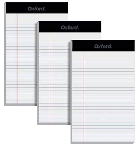 Oxford 5 x 8 Inch Legal Pads, 3 Pack, Narrow Ruled on Both Sides, White Lined Paper, 50 Perforated Sheets Per Writing Pad, Proudly Made in the USA (1017034)