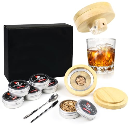 MCTNCT Kit Affumicatore Per Cocktail,Kit Affumicatore Per Whisky Con 6 Trucioli Di Legno,Set Cocktail Smoker,Accessori Per Cocktail,Whisky,Bevande,Bourbon,Caffè;Idea Regalo Per Uomo,Papà,Marito