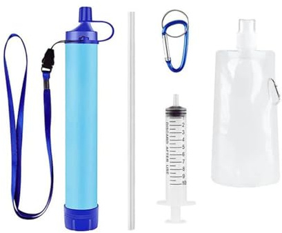 Water Filter Camping, 5-Piece Outdoor Emergency Water Purification Kit, Water Filter Straw for Hiking, Backpacking, Travel, Includes Carabiner, Syringe, Extension Tube, Water Bag