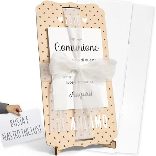 nagu® Primera Comunión. Regalos para Niño o Niña. Tarjeta Regalo Personalizada para Comunión o Regalos Invitados Boda de Madera, con Lazo, Sobre, Soporte y Letras Para Regalar Foto o Dinero